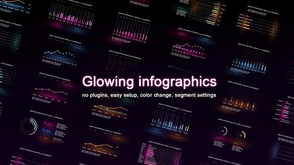 AE模板-企业商务发光信息图表柱状图趋势曲线动画 Glowing infographics