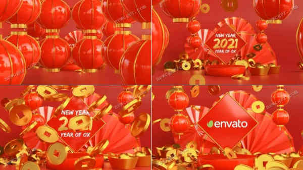 红色3D大灯笼和铜钱揭示的2021中国新年开场片头动画AE模板