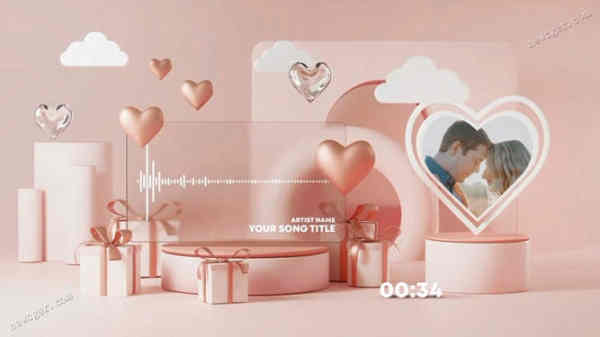 甜蜜粉色情人节爱心场景的音频播放器动画设计AE模板